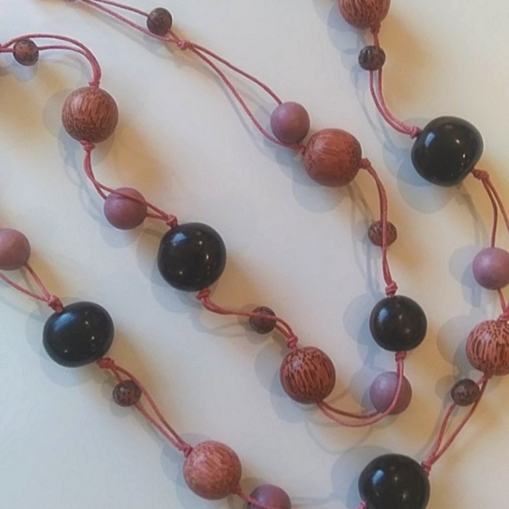 Rosy Brown Chunky Beads on Rose Double String Long Necklace